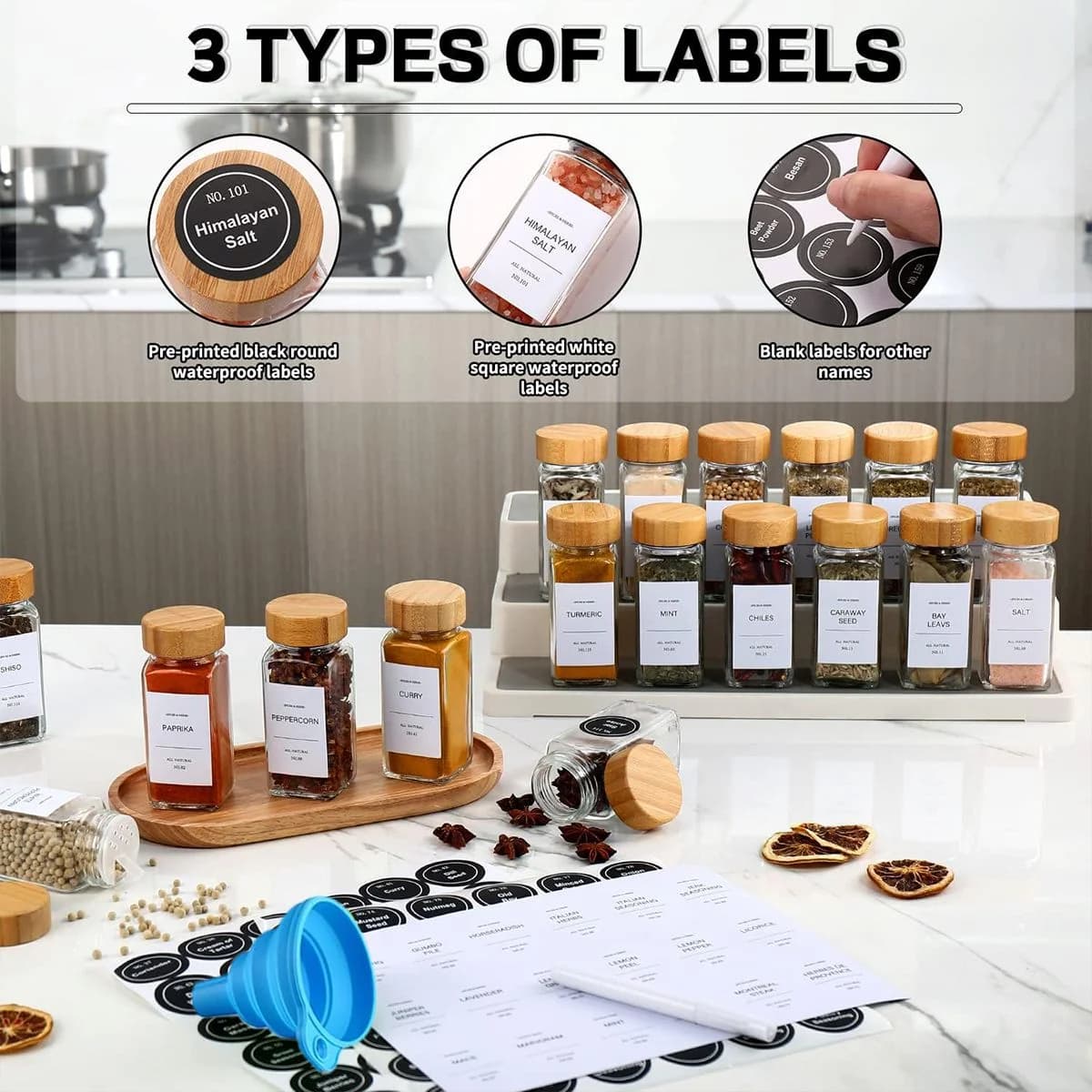24Pcs Spice Jar Containers Set with Bamboo Lids Spice Labels Pen Funnel photo 4