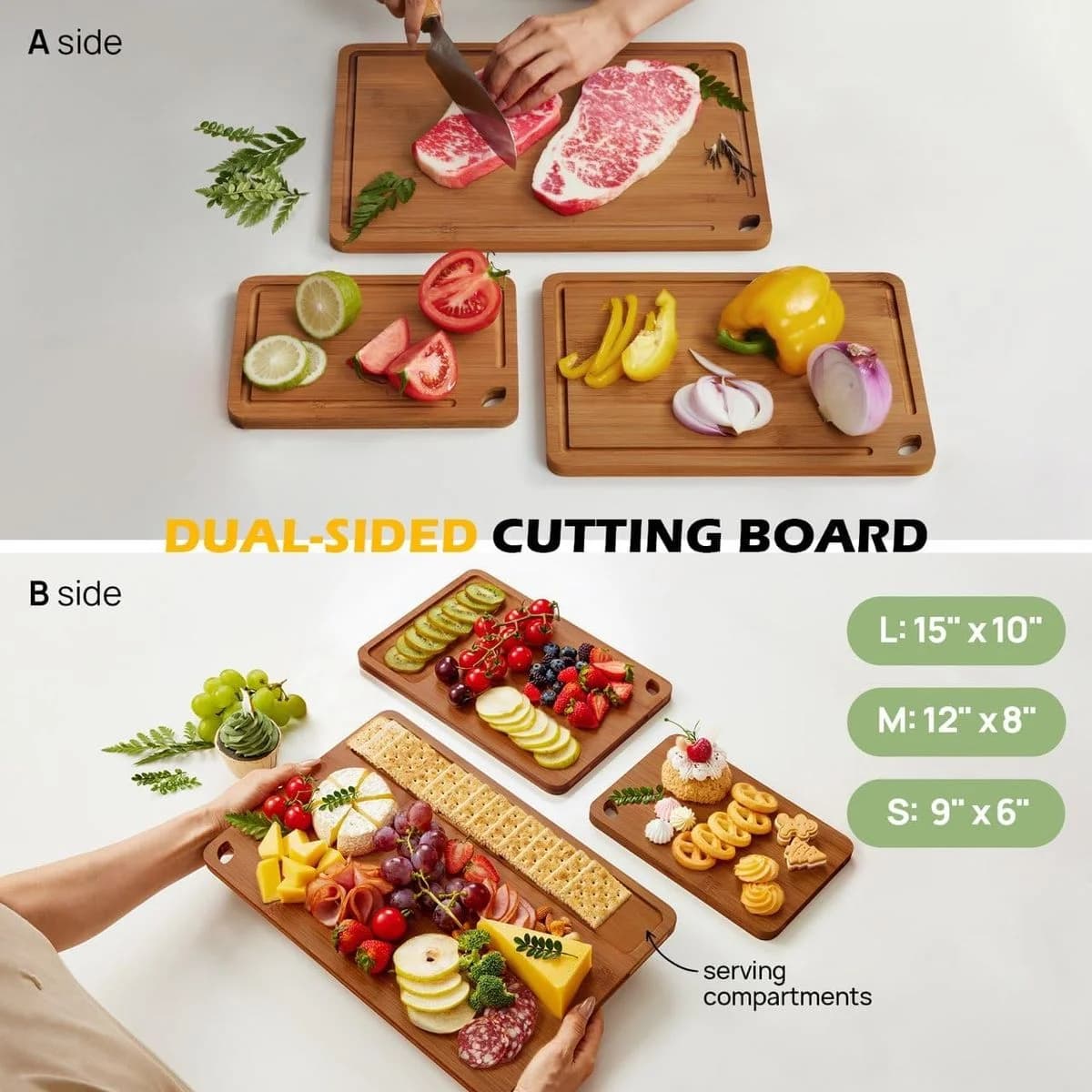 3-piece Bamboo Cutting Board Set, Durable Chopping Boards with Juice Grooves photo 2