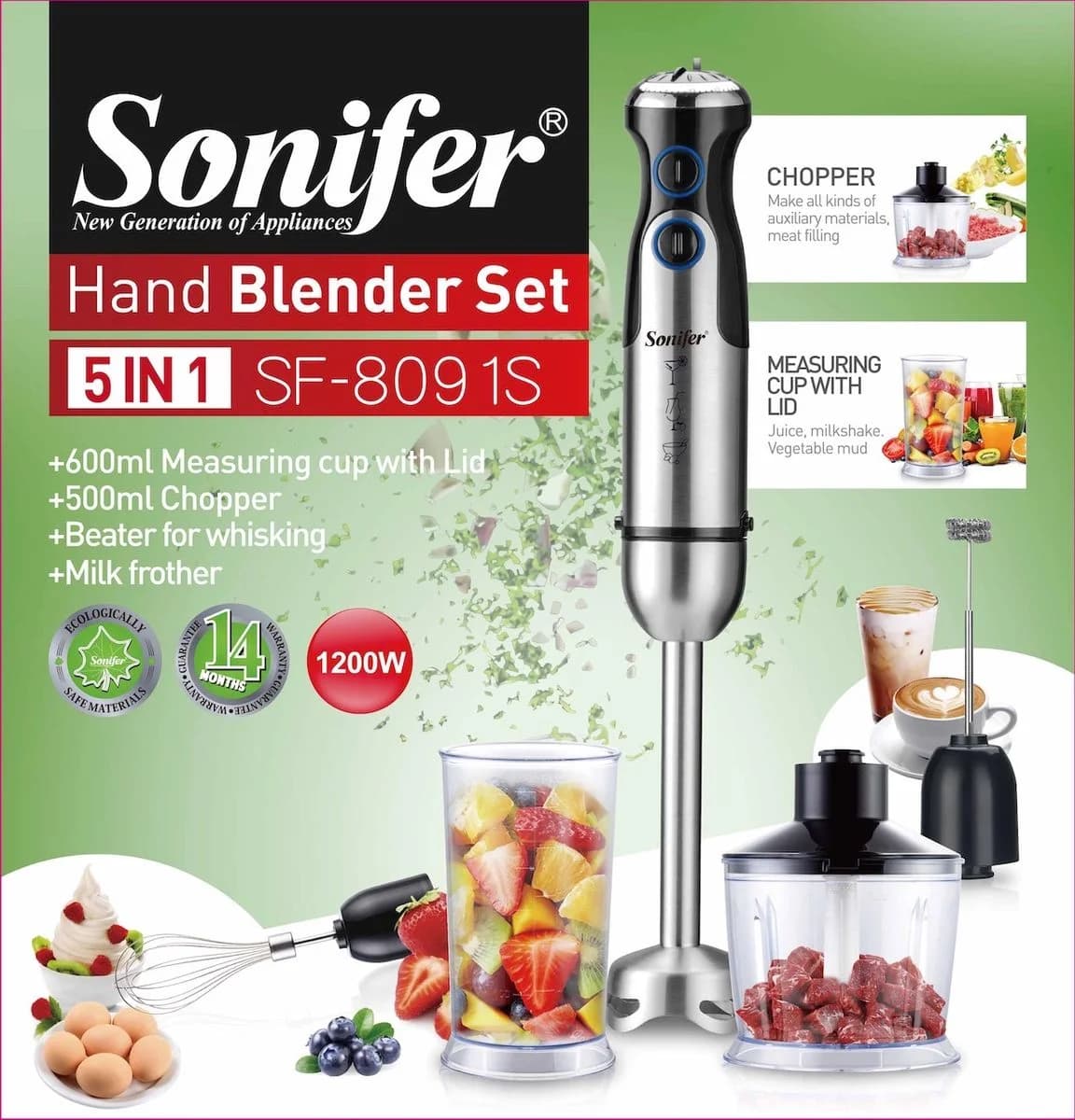 Sonifer 5-in-1 Stick Blender Hand Blender Set 1200W Powerful for Smoothie photo 2