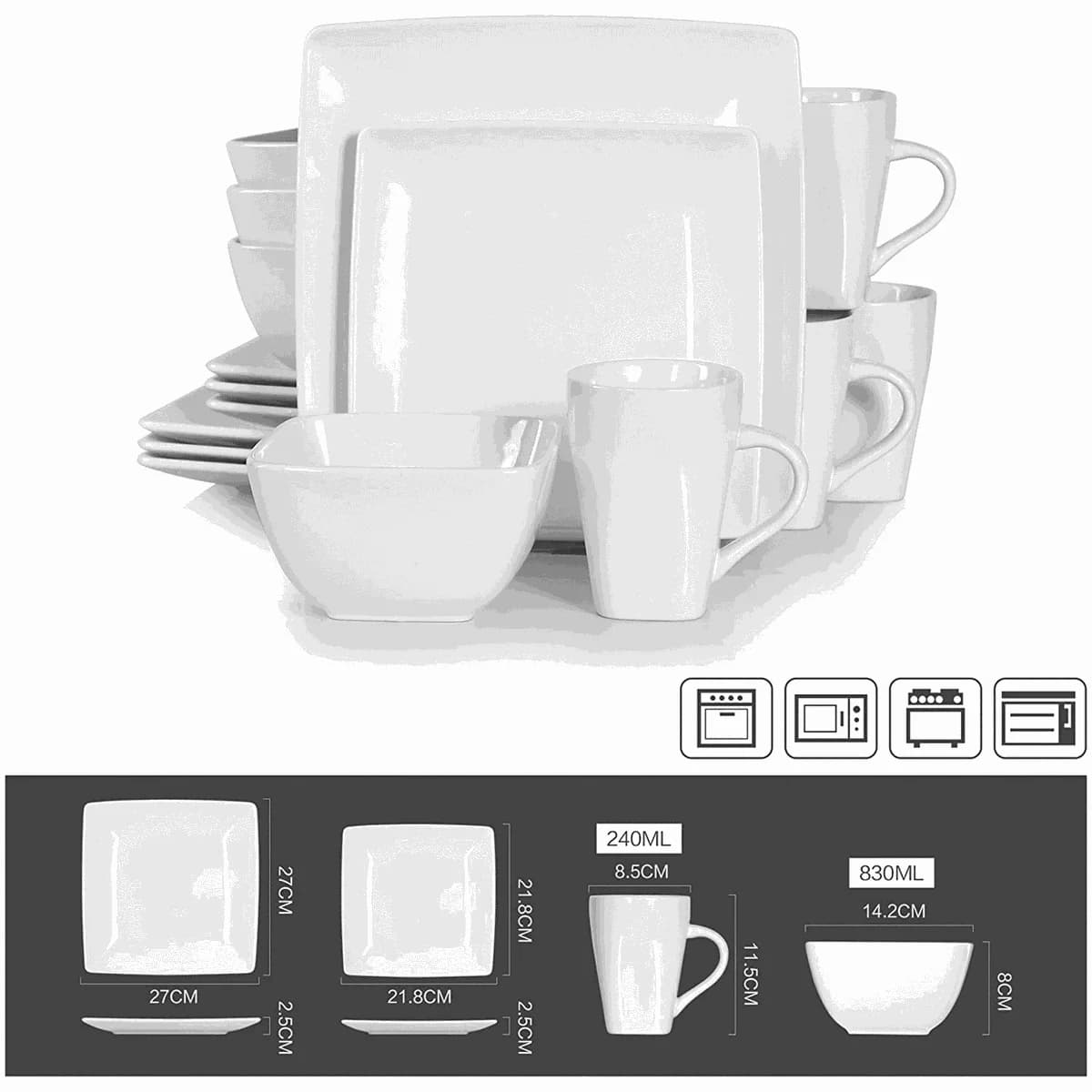 Square Ceramic Dinner Set - White - 16 Pieces photo 2