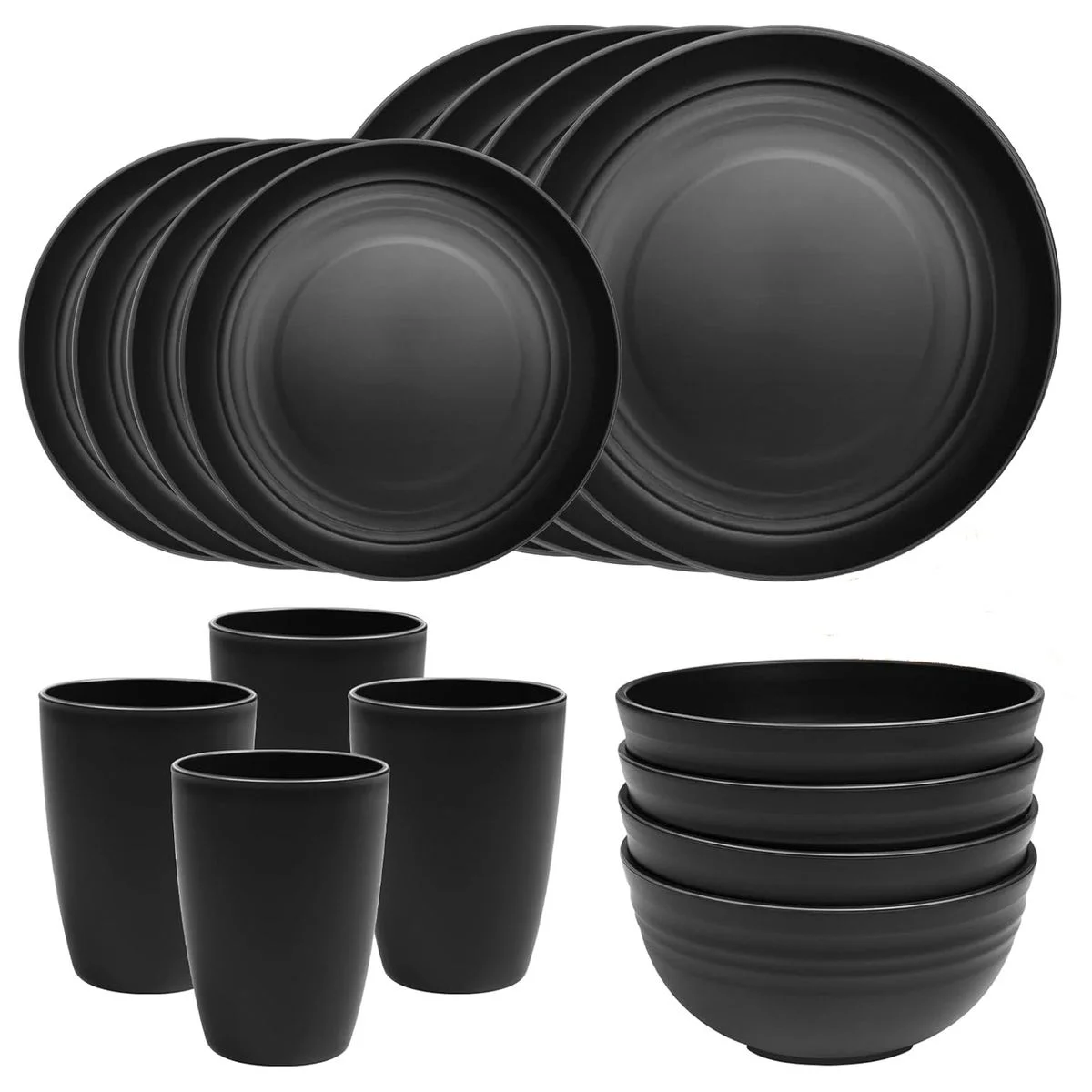 16-Piece Dinnerware Set Wheat Straw Unbreakable Kitchen Plastic Black Plate photo 1