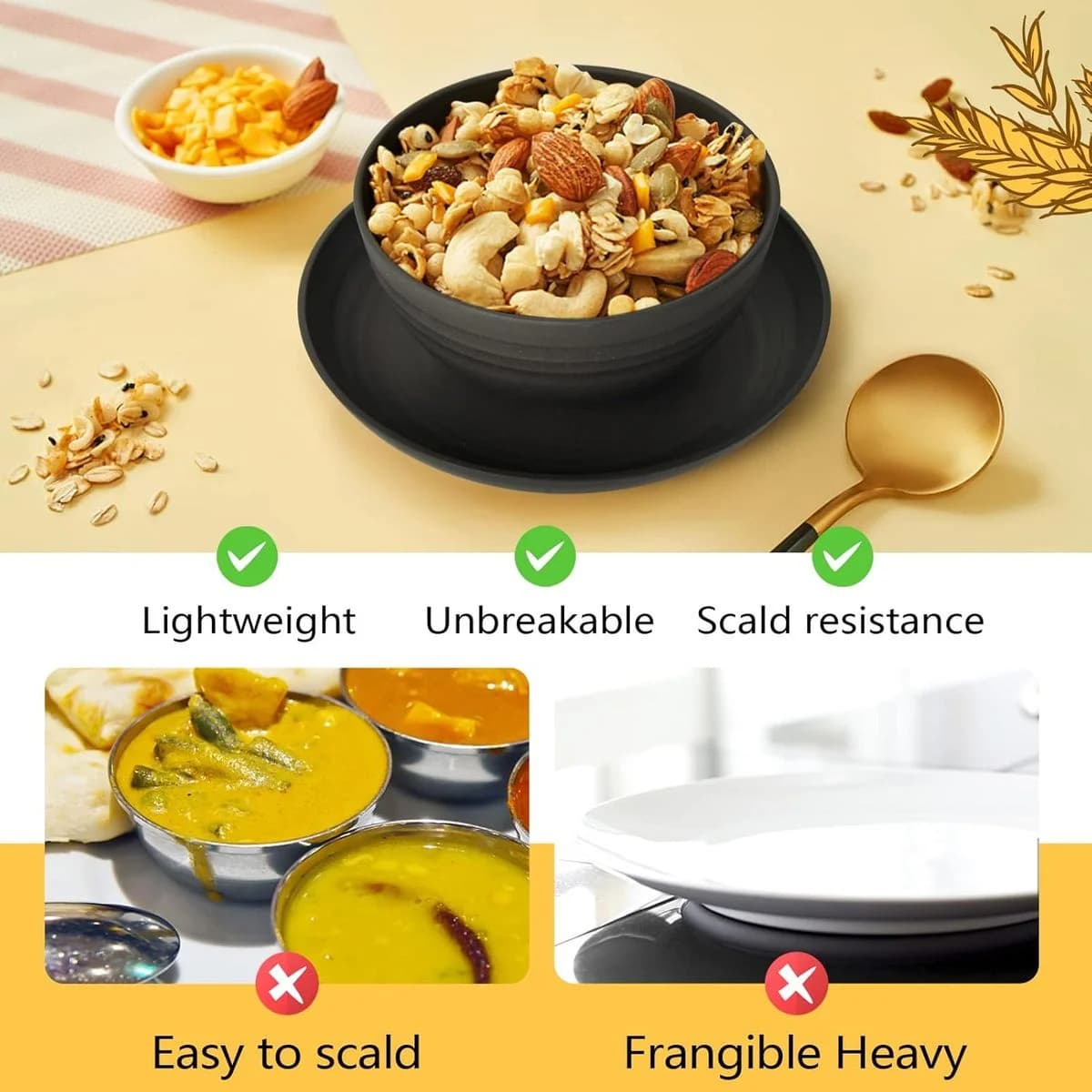16-Piece Dinnerware Set Wheat Straw Unbreakable Kitchen Plastic Black Plate photo 3