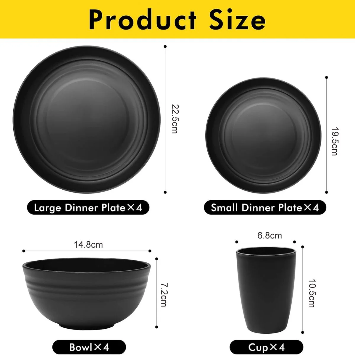 16-Piece Dinnerware Set Wheat Straw Unbreakable Kitchen Plastic Black Plate photo 4