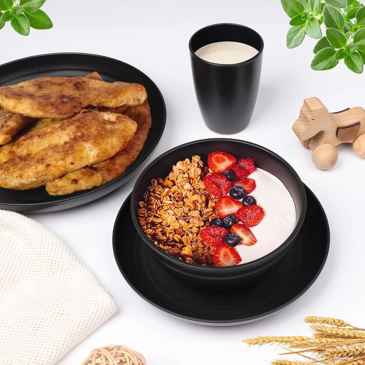 16-Piece Dinnerware Set Wheat Straw Unbreakable Kitchen Plastic Black Plate photo 6