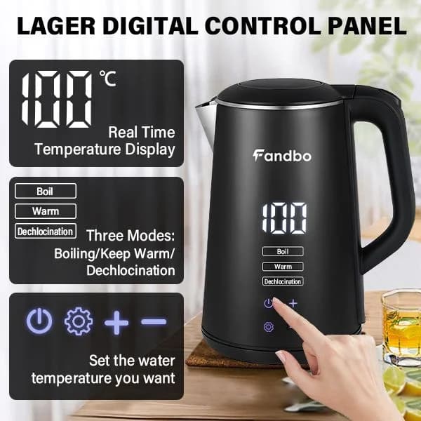 FANDBO 1.6 L Cordless Stainless Steel Kettle with Digital Control Panel photo 3