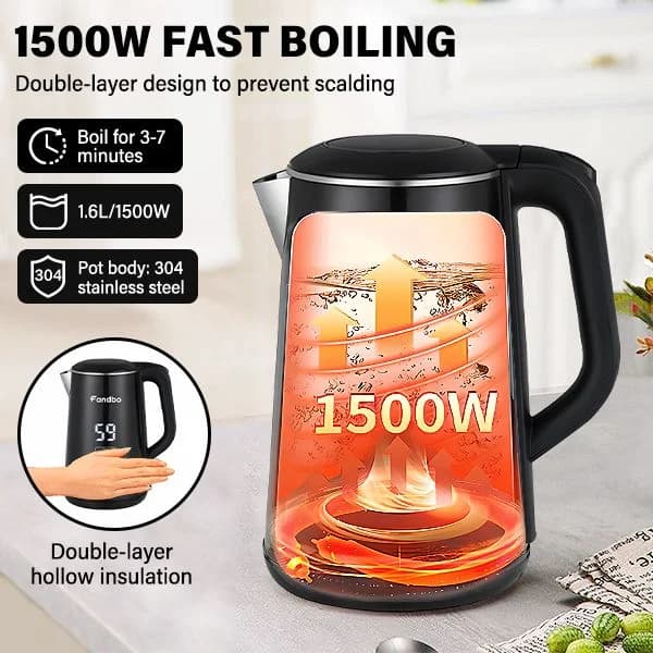 FANDBO 1.6 L Cordless Stainless Steel Kettle with Digital Control Panel photo 4