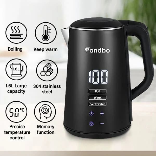 FANDBO 1.6 L Cordless Stainless Steel Kettle with Digital Control Panel photo 6